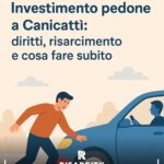 Un giovane pedone seduto a terra riceve assistenza dopo un investimento. Sullo sfondo, una scena urbana di Canicattì con auto ferma, simboli di tutela legale e risarcimento come documenti, euro e scudo con martello.