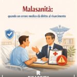 Un paziente parla con un consulente legale in ospedale: scena rassicurante che illustra i diritti al risarcimento in caso di errore medico. Simboli di tutela come cartella clinica e bilancia della giustizia.