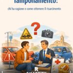 Due automobilisti discutono serenamente accanto alle auto dopo un tamponamento. Simboli di risarcimento, documenti e monete illustrano i diritti e le soluzioni. Font moderno e stile verticale.